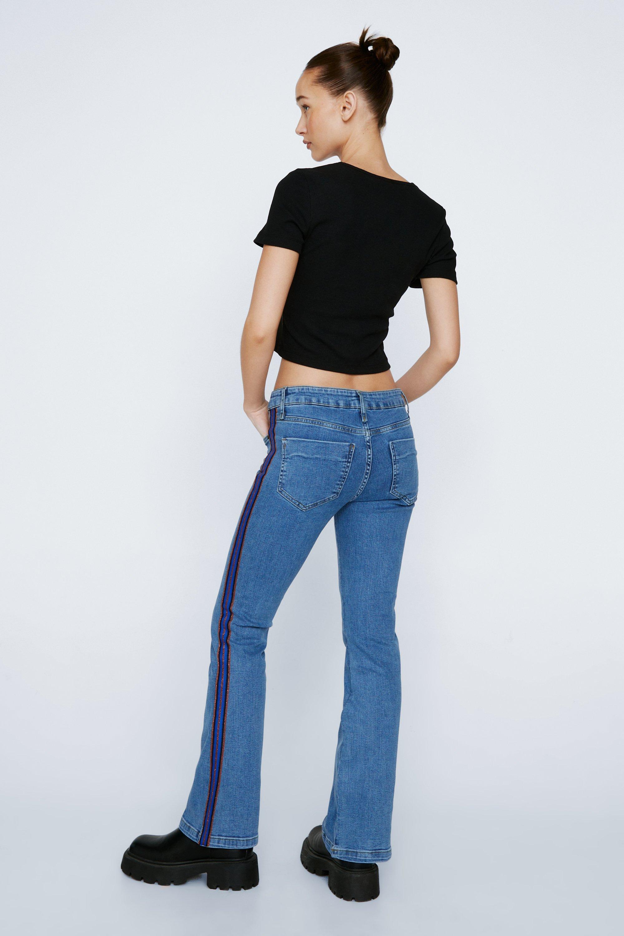 Petite Metallic Stripe Seam Detail Denim Flare Pants